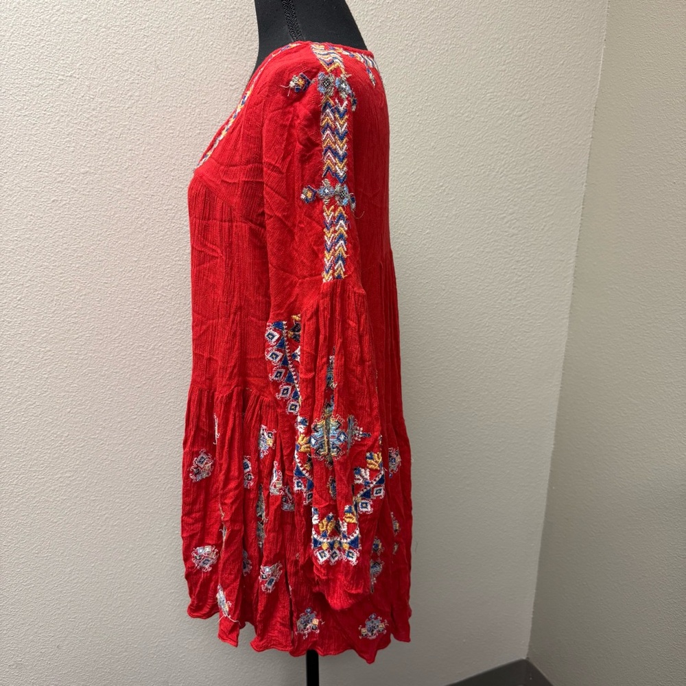 Free People Red Embroidered Boho Tunic Top Hi Low Festival Chic - Picture 4 of 10